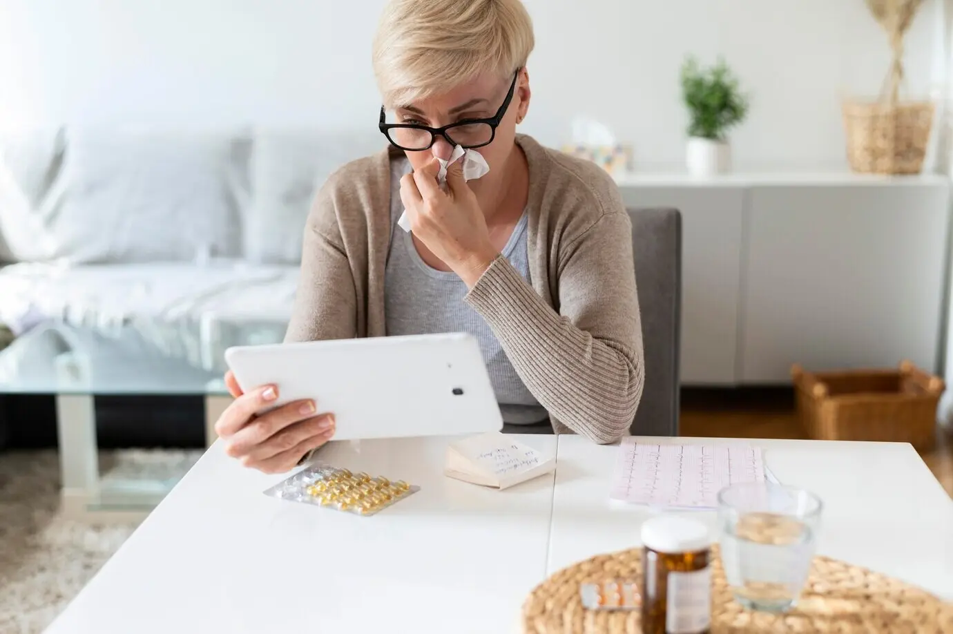 Medium shot of a sick woman at home.